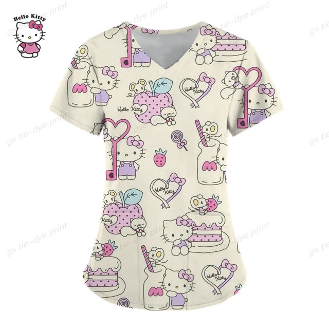 Hello Kitty Print surgical uniforms pharmacy hospital nurse scrubs tops ...