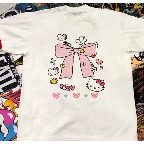 Hello Kitty Printed Patterns Couple T-shirt Casual Loose Round Neck Short-sleeve Fashionable Streetwear Clothing Top