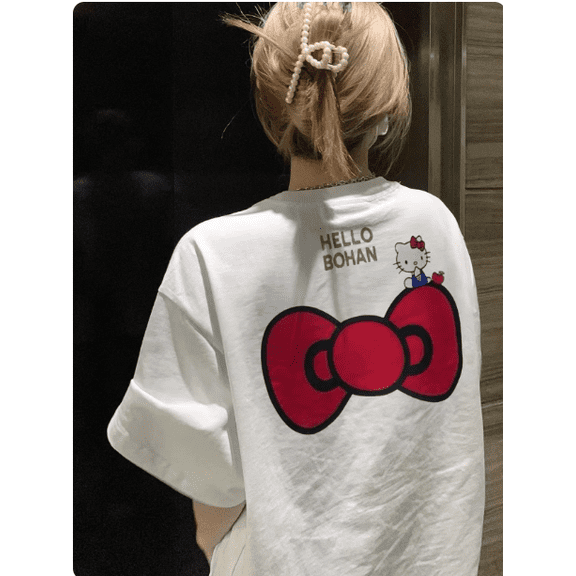 Hello Kitty Printed White Short-Sleeve T-Shirt for Women Summer Daily Wear Clothing Top