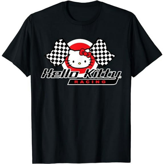 Hello Kitty Racing Flag T-Shirt, Cute Kitten Tee For Men Women Cat Lovers, Black Color, Size L