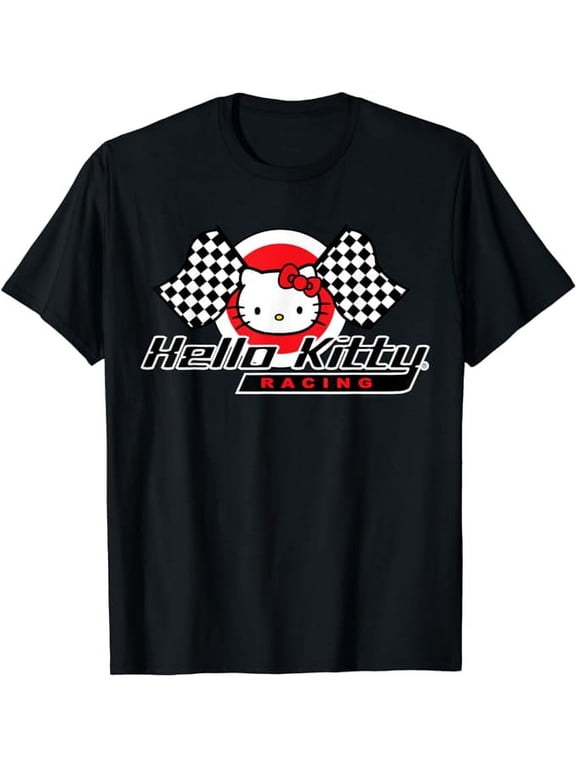 Hello Kitty Racing Flag T-Shirt, Cute Kitten Tee For Men Women Cat Lovers, Black Color, Size M