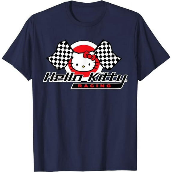 Hello Kitty Racing Flag T-Shirt, Cute Kitten Tee For Men Women Cat Lovers, Navy Color, Size M