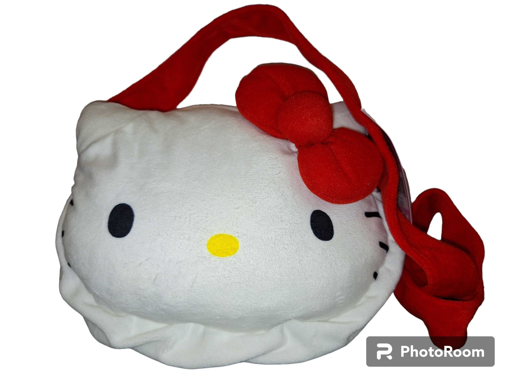 Hello Kitty Red Bow 9 Inch Plush Head Cross Body Bag with Furry Red Strap