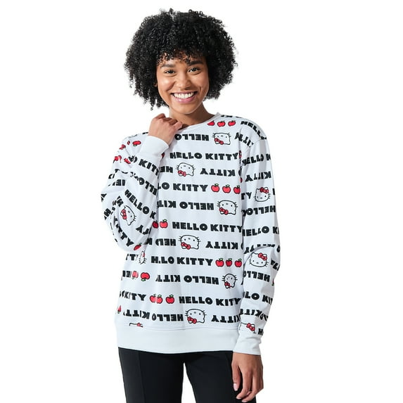 Hello Kitty Repeat Text Women's White Crew Neck Long Sleeve Sweatshirt-Large