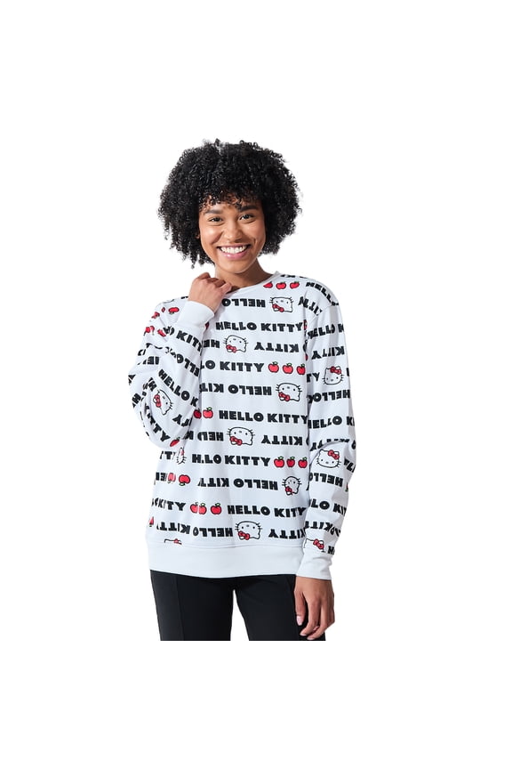 Hello Kitty Repeat Text Women's White Crew Neck Long Sleeve Sweatshirt-Medium