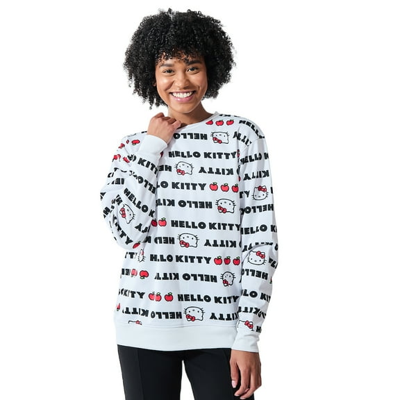 Hello Kitty Repeat Text Women's White Crew Neck Long Sleeve Sweatshirt-XS
