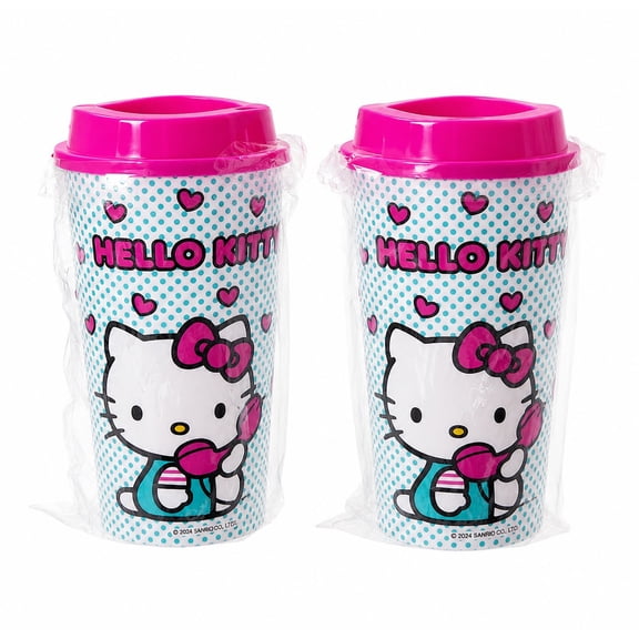 Hello Kitty Reusable Plastic Tumbler Cups with Lid, 2 Pack, 20 oz, Pink Travel Drink Cups for Cold Beverages
