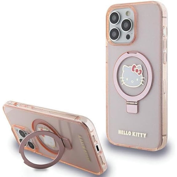 Hello Kitty Ring Stand Glitter Electrop Logo with MagSafe Case for iphone 15 Pro Max 6.7" Pink - HKHMP15XHRSGEP