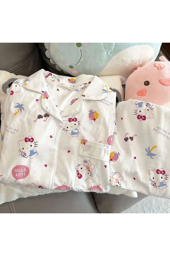 Hello Kitty Round Neck Pajamas Kawaii Sweet Cute Cartoon Home Clothes Set Gift