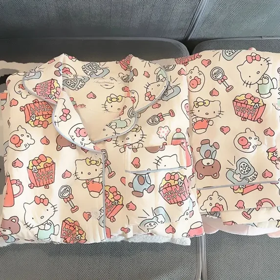 Hello Kitty Round Neck Pajamas Kawaii Sweet Cute Cartoon Home Clothes Set Gift