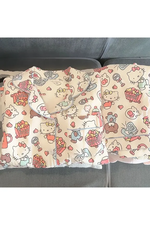 Hello Kitty Round Neck Pajamas Kawaii Sweet Cute Cartoon Home Clothes Set Gift