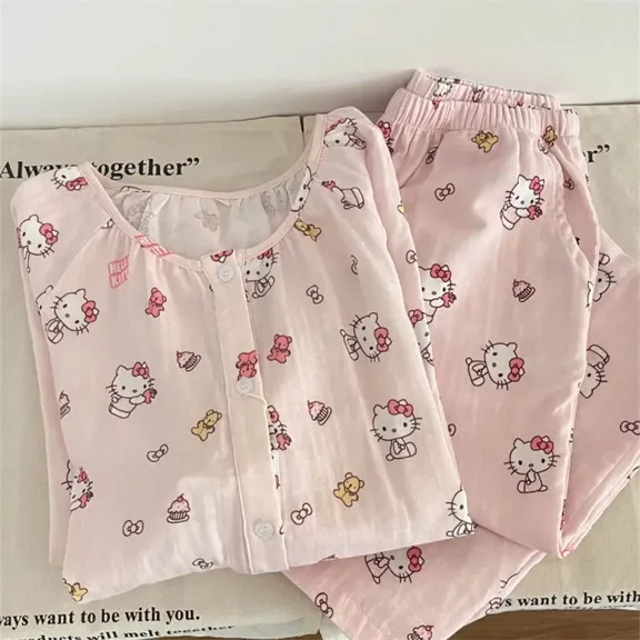 Hello Kitty Round Neck Pajamas Women's Sweet and Cute Cartoon Spring and Autumn Long-sleeved Home Clothes Set Holiday Gift