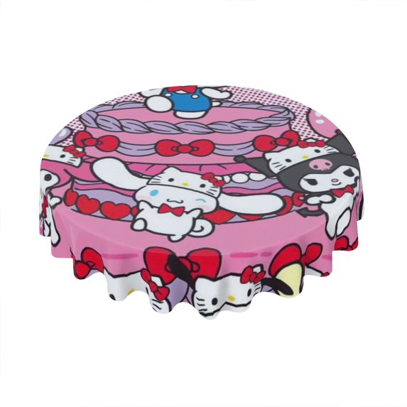 Hello Kitty Round Tablecloth Water Resistant Washable Polyester Table Cloth Decorative Fabric Table Cover for Dining Table, Buffet Parties and Camping