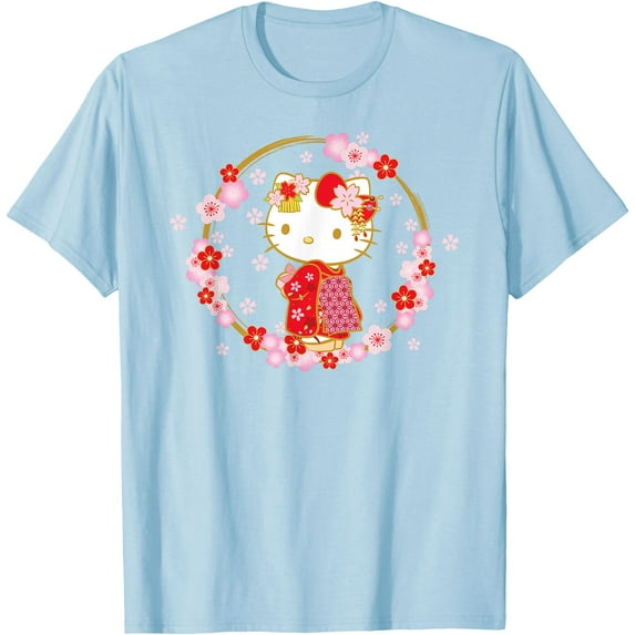 Hello Kitty Sakura Spring DTG Print Unisex T-Shirt,Light Blue Color,Size 4XL