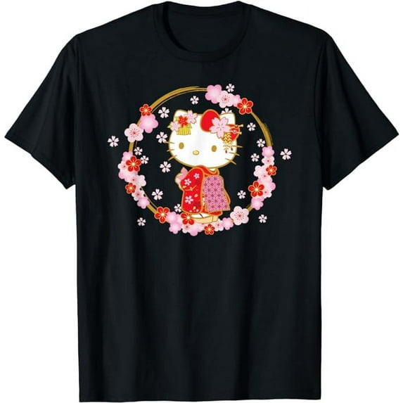 Hello Kitty Sakura Spring T-Shirt For Men Women Boy Girl, Black Color, Size S