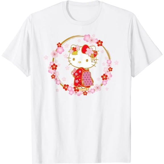 Hello Kitty Sakura Spring T-Shirt For Men Women Boy Girl, White Color, Size L