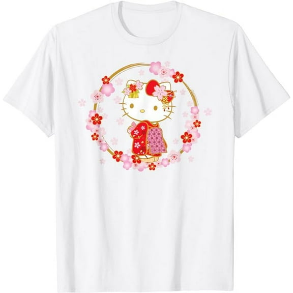 Hello Kitty Sakura Spring T-Shirt For Men Women Boy Girl, White Color, Size M