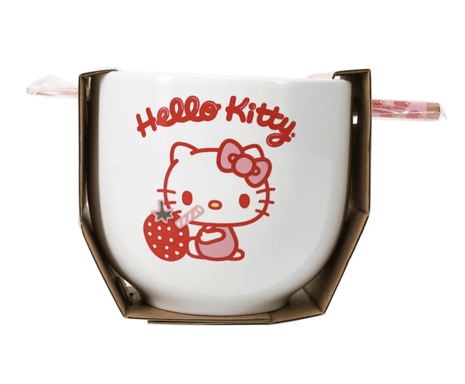 Hello Kitty Sanrio Durable Tableware Bowls with Chopsticks, Ceramic Strawberry, 16 oz