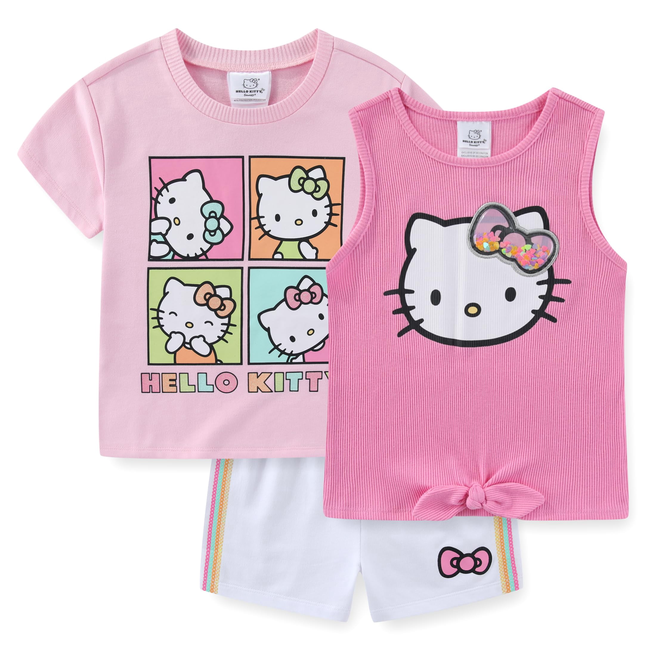 Hello Kitty Sanrio French Terry Short Sleeve T-Shirt Tank Top and Short Set (Girls), 3 Piece Set, Sizes 5-12