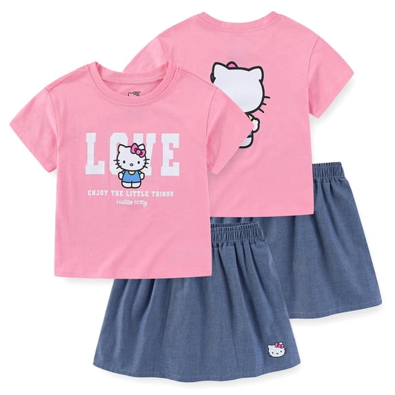 Hello Kitty Sanrio Short Sleeve T-Shirt and Chambray Skirt Set (Girls), 2 Piece Set, Sizes 4-12