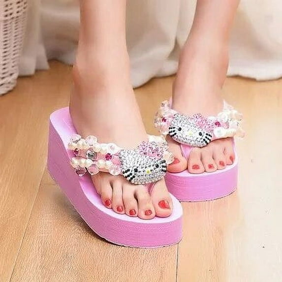Hello Kitty Sanrio Soft Flip Flop Sandals Y2k Beach Slides Shoes Women Casual Wedge High Heels Platform For Slippers Ladies Gift
