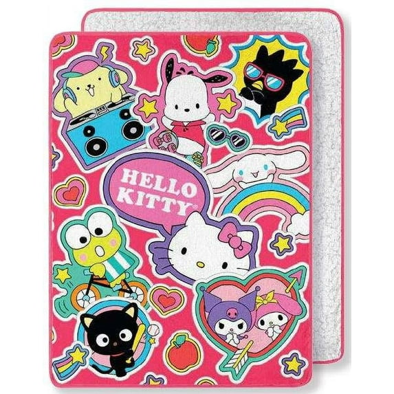 Hello Kitty Sanrio Sticker Friends Silk Touch Throw Blanket with Sherpa Reverse, 46 x 60 inches