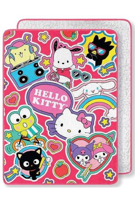 Hello Kitty Sanrio Sticker Friends Silk Touch Throw Blanket with Sherpa Reverse, 46 x 60 inches
