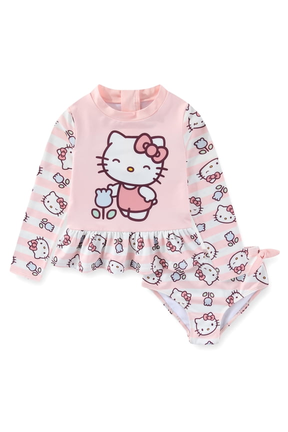 Sanrio UPF 50+ Long Sleeve Rash Guard and Bikini Bottom Two Piece Swimsuit Set (Girls), Sizes 5-10