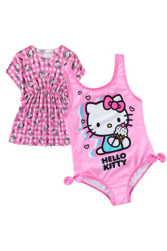 Sanrio UPF 50+ One Piece Bathing Suit with Mesh Cover-Up Beach Robe (Girls), 2 Piece Set, Sizes 4-6X