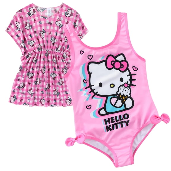 Hello Kitty Sanrio UPF 50+ One Piece Bathing Suit with Mesh Cover-Up Beach Robe (Girls), 2 Piece Set, Sizes 4-6X