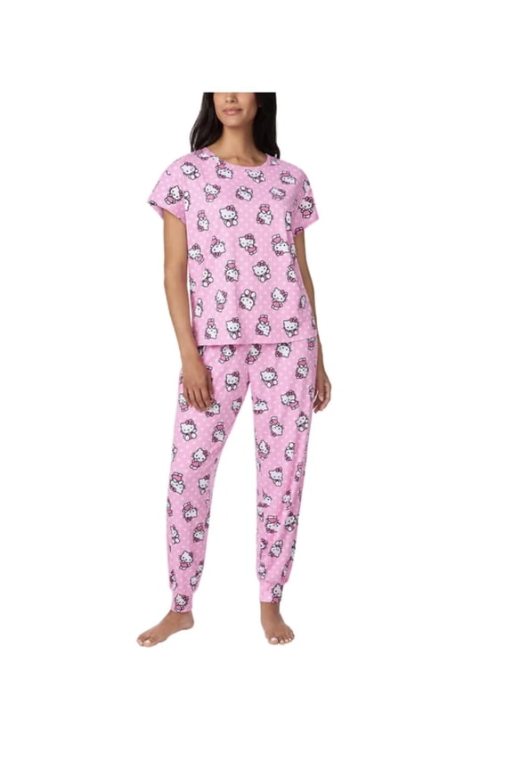 Women's 2 Piece Ribbed Lounge Pajama Set, Tee and Jogger Pant (US, Alpha, Medium, Regular, Regular, Hello Kitty (Pink))