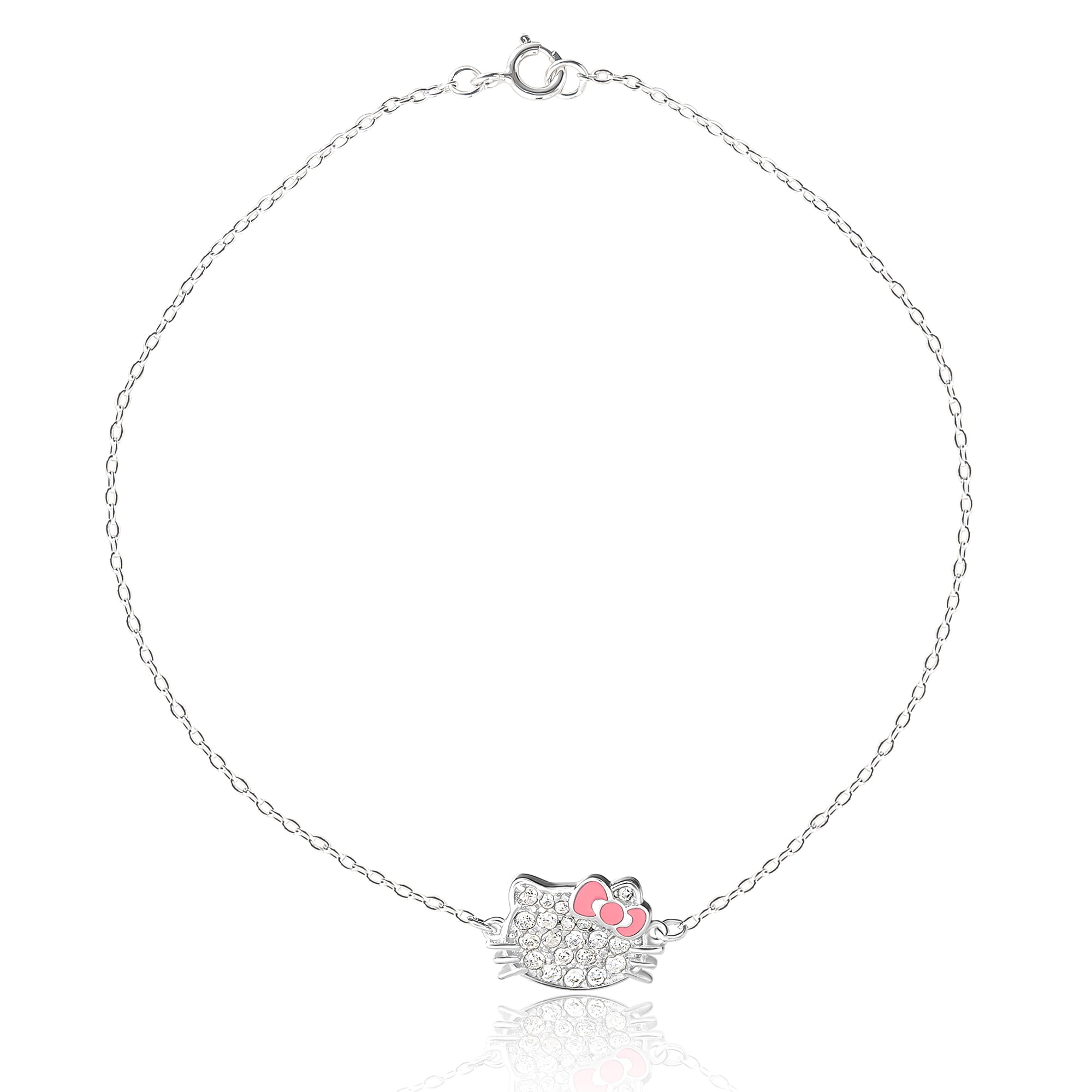 Hello Kitty Sanrio Womens Sterling Silver Anklet Official License, 9" Pave Cubic Zirconia Ankle Bracelet with Pink Bow