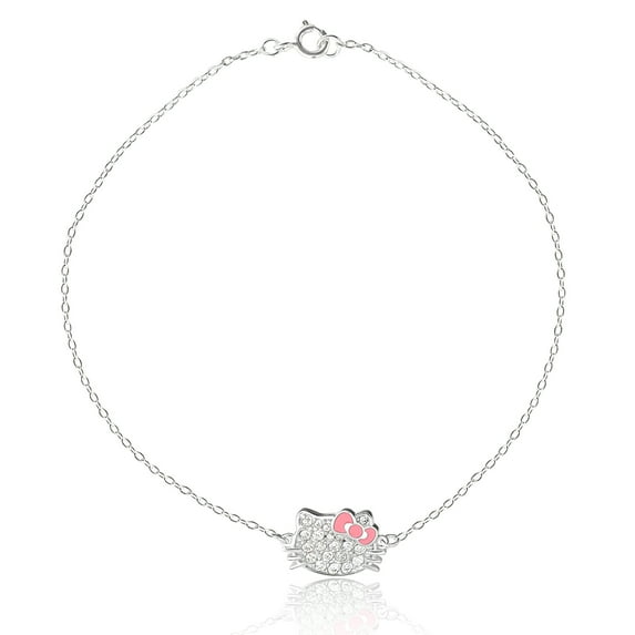 Hello Kitty Sanrio Womens Sterling Silver Anklet Official License, 9" Pave Cubic Zirconia Ankle Bracelet with Pink Bow