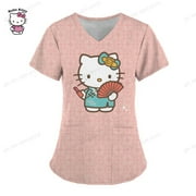 DSFSDG Hello Kitty Scrubs Medical Uniforms Woman Hello Kitty Cartoon Printed Nurse Tops Pet Groom Uniform Short Sleeve Carer Clothes