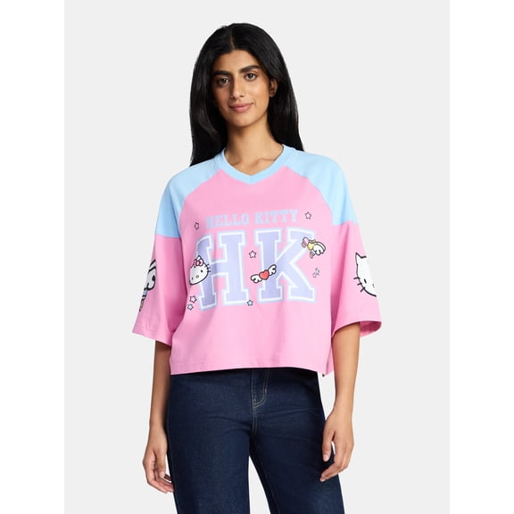 Hello Kitty Women's Short Sleeve Varsity Graphic Tee, Sizes XXS-XXL