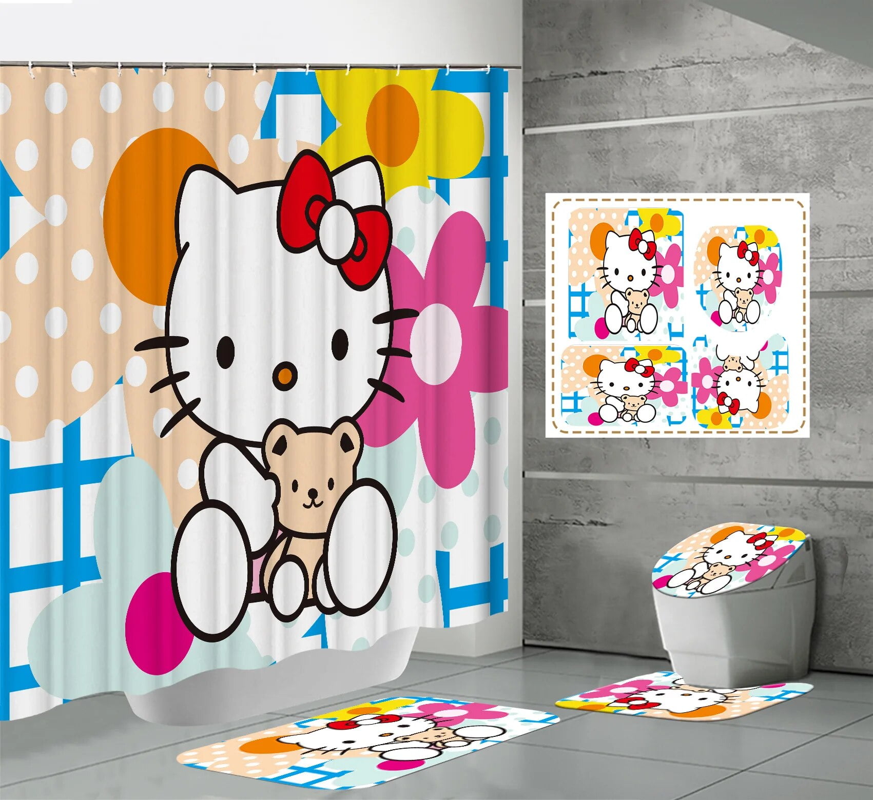Hello Kitty Shower Curtain Four Piece Set Sanrio Anime Kit Printing ...