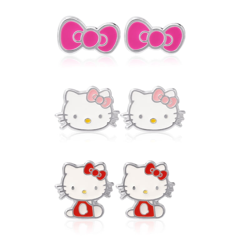Hello Kitty Silver Plated Enamel Stud Earrings - 3 Pairs for Teens