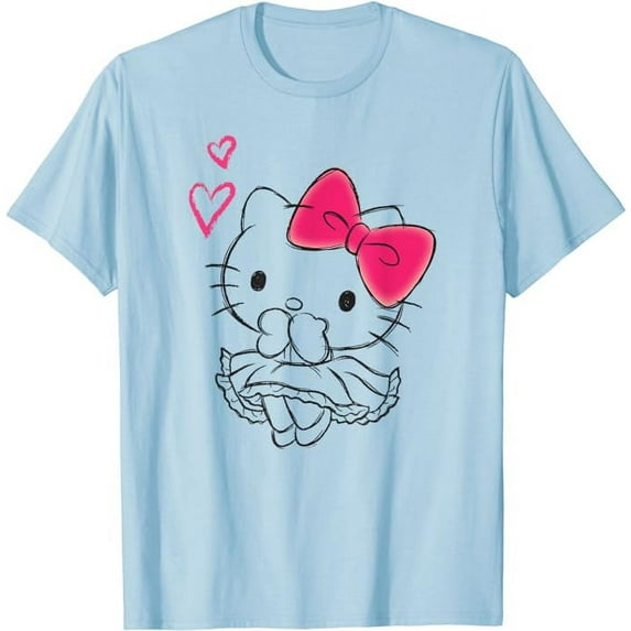 Hello Kitty Sketch Style Girly Hearts T-Shirt, Cute Kitten Tee For Men Women Cat Lovers, Light Blue Color, Size M