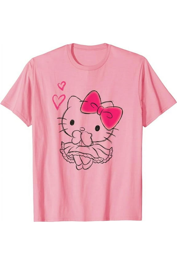 Hello Kitty Sketch Style Girly Hearts T-Shirt, Cute Kitten Tee For Men Women Cat Lovers, Light Pink Color, Size L