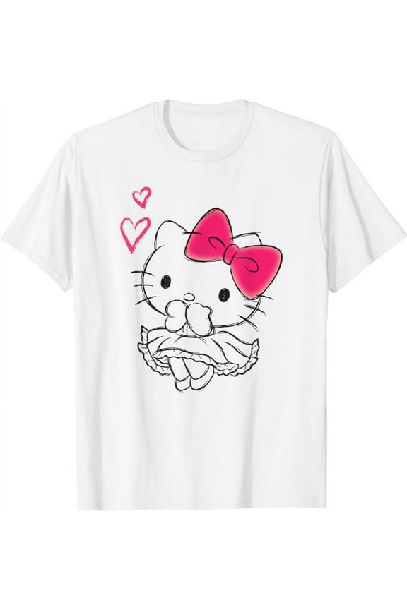 Hello Kitty Sketch Style Girly Hearts T-Shirt, Cute Kitten Tee For Men Women Cat Lovers, White Color, Size M