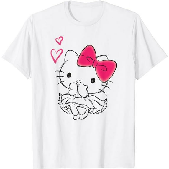 Hello Kitty Sketch Style Girly Hearts T-Shirt, Cute Kitten Tee For Men Women Cat Lovers, White Color, Size S