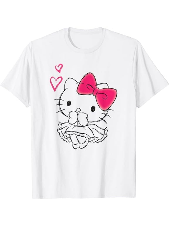 Hello Kitty Sketch Style Girly Hearts T-Shirt, Cute Kitten Tee For Men Women Cat Lovers, White Color, Size S