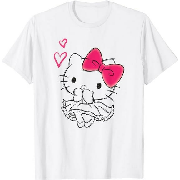 Hello Kitty Sketch Style Girly Hearts T-Shirt, Cute Kitten Tee For Men Women Cat Lovers, White Color, Size XL