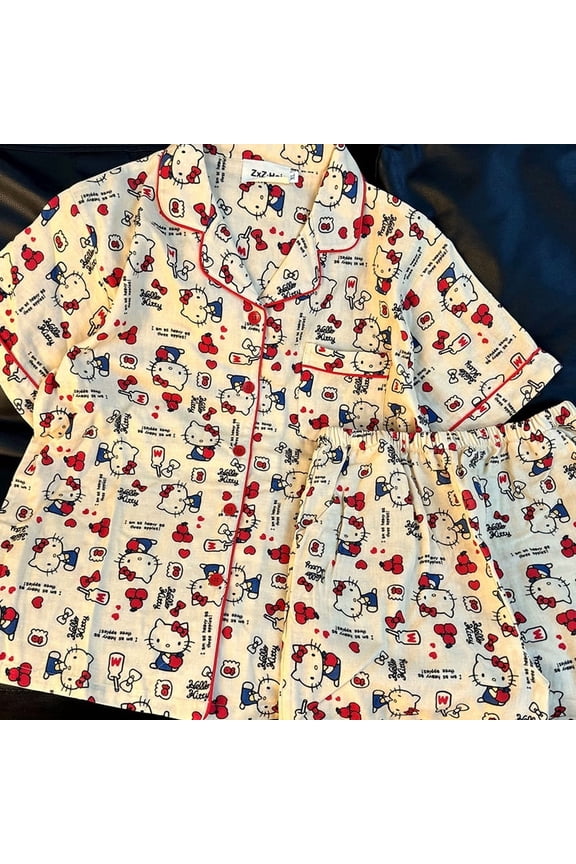 Hello Kitty Sleepwear Women's Summer New Cotton Short Sleeved Cartoon Cute Home Suit Set
