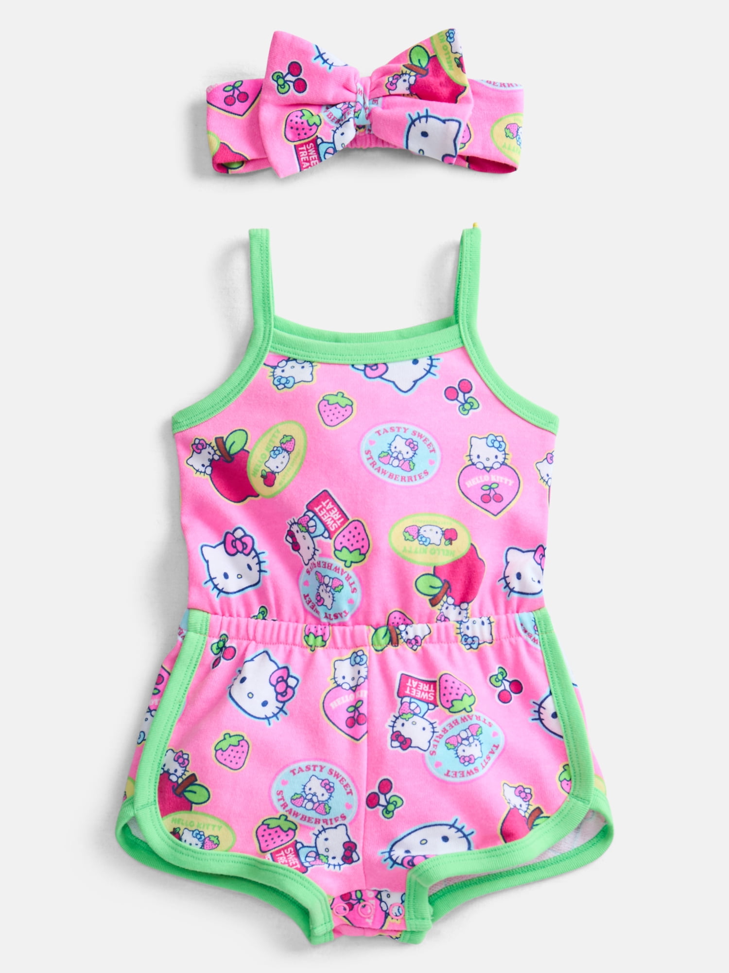 Hello Kitty Baby Girls Spaghetti Strap Print Romper with Matching Bow Headband, Sizes 0/3M-24M