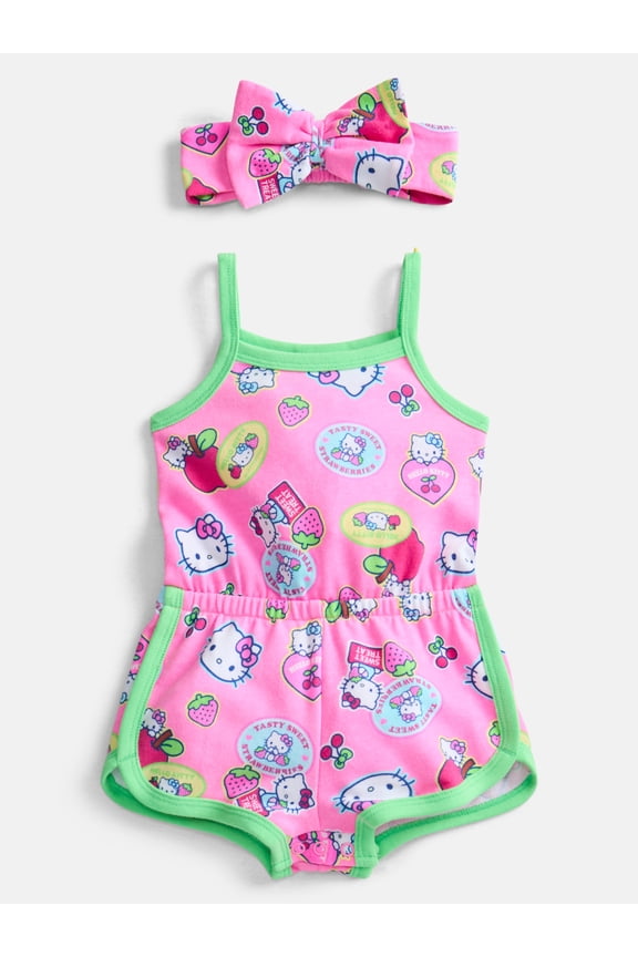 Baby Girls Spaghetti Strap Print Romper with Matching Bow Headband, Sizes 0/3M-24M