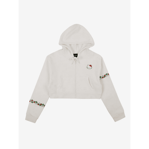 Hello Kitty Strawberries Puff Print Long Sleeve Zip Up Women's White Cropped Hoodie-XXL
