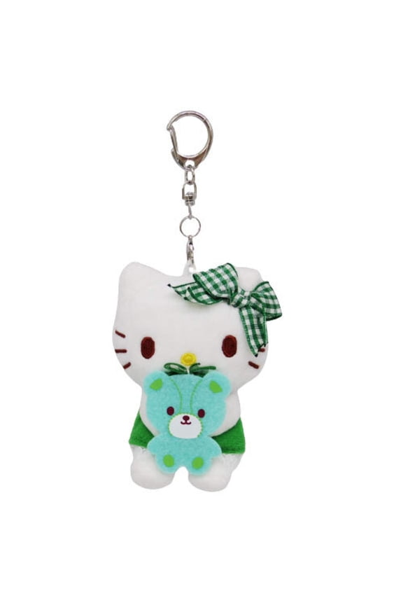 Hello Kitty Stuffed Animal Keychain Holding Green Teddy Bear  Cute  Adorable Plush Keychain