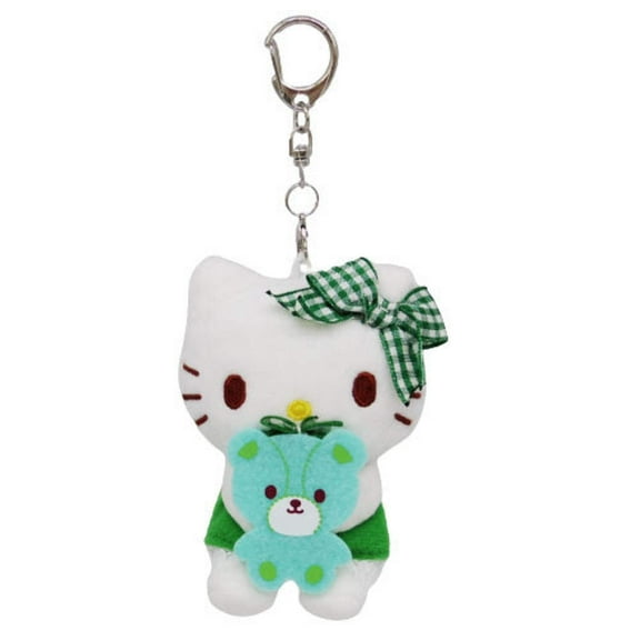 Hello Kitty Stuffed Animal Keychain Holding Green Teddy Bear Cute Adorable Plush Keychain