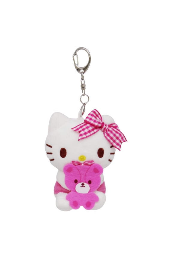 Hello Kitty Stuffed Animal Keychain Holding Purple Teddy Bear Cute Adorable Plush Keychain